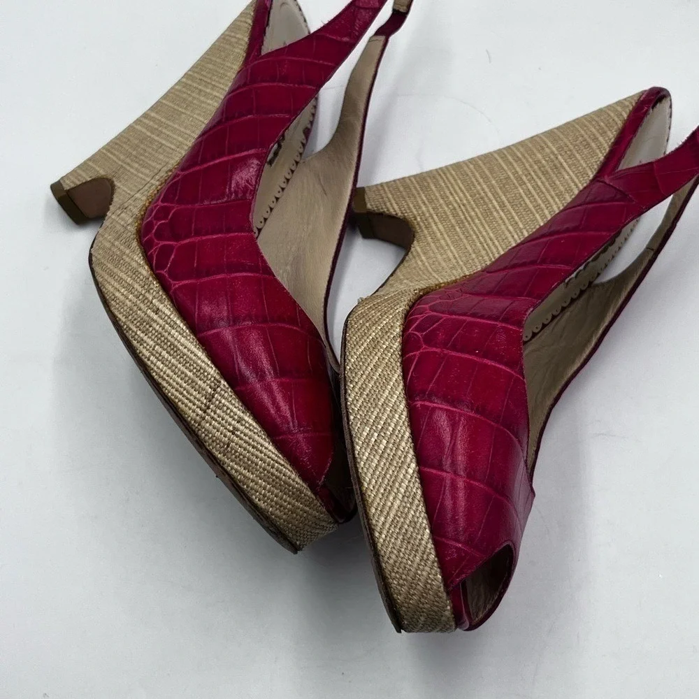 Oscar‎ De LA Renta Womens Red Print Leather Peep-Toe Slingback Wedge 39.5/US 8.5